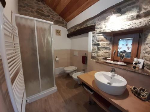 a bathroom with a sink and a shower and a toilet at Bed & Breakfast La Crotta in Pont-Saint-Martin