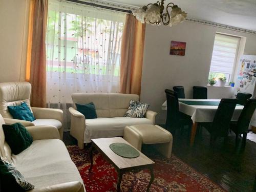 uma sala de estar com sofás e uma sala de jantar em Apartament 3 camere Joy em Ocna-Mureşului