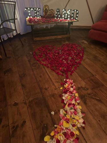 a heart made out of red flowers on a wooden floor at MANDALA CAMP in Tomatlán