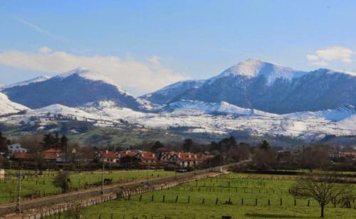 eine schneebedeckte Bergkette mit Häusern und einem Feld in der Unterkunft Casa Los Lomas in Arenas de Iguña