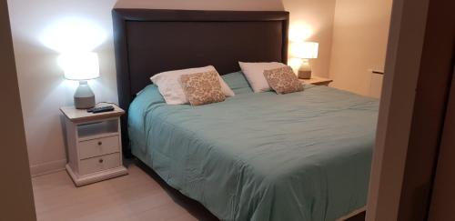 um quarto com uma cama com duas almofadas em Departamento nuevo con la mejor ubicación em Viña del Mar