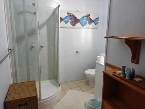 a bathroom with a shower and a toilet with butterflies on the wall at Spacious Townsville City Apartment in Townsville