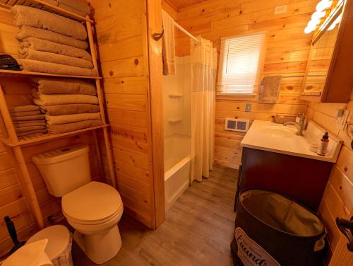 a bathroom with a toilet and a sink in a log cabin at Yellowstone Treasure Guesthouses on the River in Gardiner