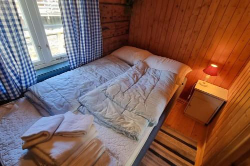 瑟弗根的住宿－Koselig rorbu på Tind，窗户客房内的小床