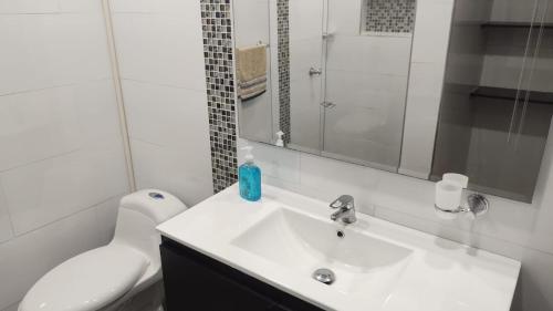 Casaquinta Melgar في ميلغار: حمام مع حوض ومرحاض ومرآة