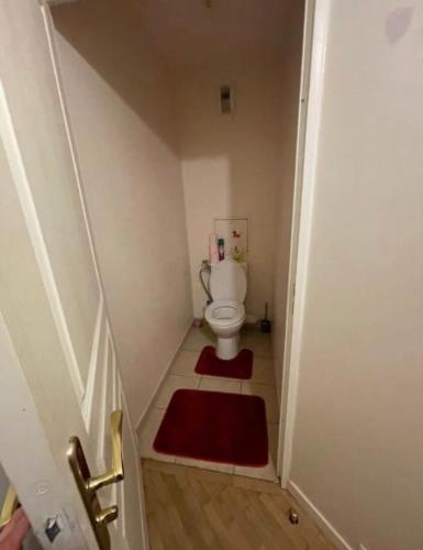 uma pequena casa de banho com um WC e um tapete vermelho em Grand studio dans un quartier calme et classe em Bois-Colombes