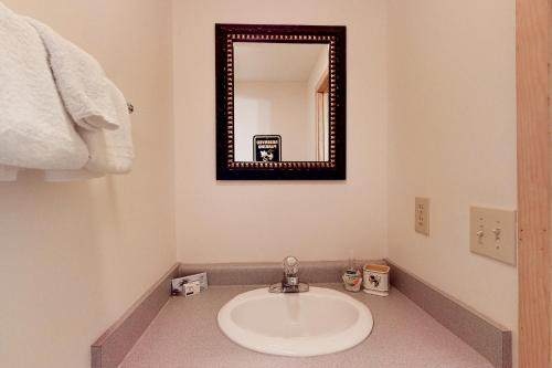 a bathroom with a sink and a mirror at The Hydeaway in Hiawassee