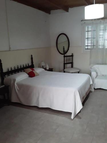 een slaapkamer met een groot wit bed en een spiegel bij Los Abuelos in Dolores