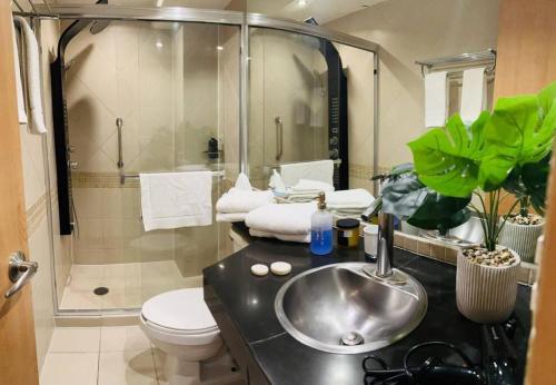 e bagno con lavandino, servizi igienici e doccia. di Cozy suite asombrosa ubicación a Città del Messico