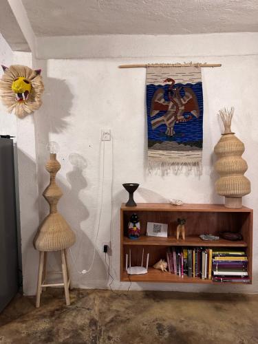 オアハカにあるLa choza del nahual casa prehispanica tematicaの本棚と絵画のあるリビングルーム