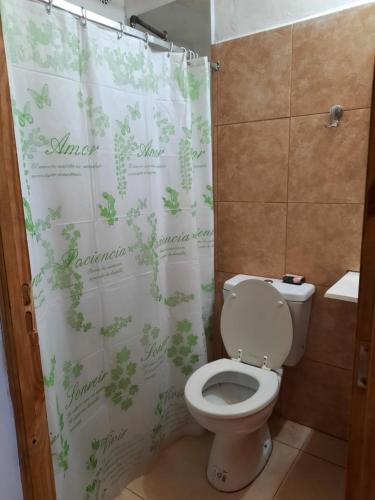 a bathroom with a toilet and a shower curtain at Domingo in Goya