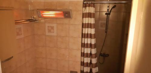 a shower with a shower curtain in a bathroom at Luxury apartment 3 rooms near metro in Athens