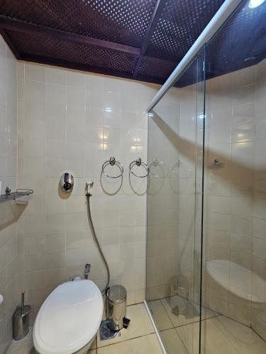a bathroom with a toilet and a shower at Hotel Princesinha do Café in Vassouras