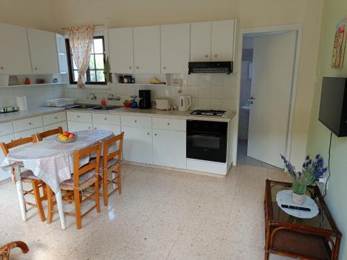 a kitchen with white cabinets and a table and chairs at The Grapevine Guest House in Paphos City