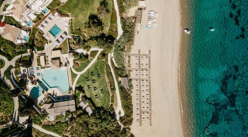 an overhead view of a beach and the ocean at Anassa in Polis Chrysochous