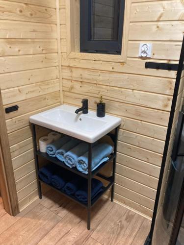 a bathroom with a sink in a wooden wall at Domek nad rzeką in Wierzchlas