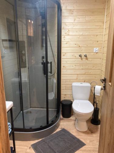 a bathroom with a shower and a white toilet at Domek nad rzeką in Wierzchlas