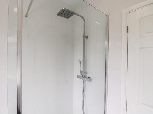 a shower with a light on top of a glass door at The Garden House in Whitstable
