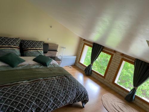 1 dormitorio con 1 cama y 2 ventanas en Au Bien Hêtre, en Futeau