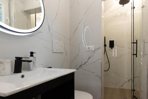 un baño con lavabo y ducha en Station Apartment, en Pisa