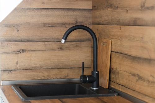 a kitchen sink with a faucet on a wooden wall at CASA BIANCA & Spa 2 in Ulcinj