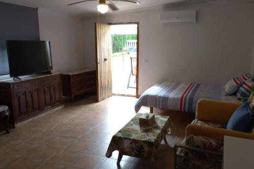 - un salon avec un lit, une télévision et un canapé dans l'établissement Casa Tena, à Partida de La Cañada