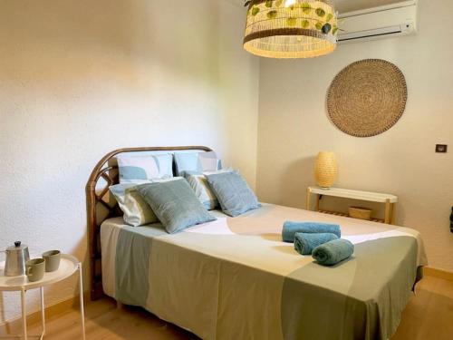 een slaapkamer met een groot bed met blauwe kussens bij Bas de villa- Bastide zebra in Contes