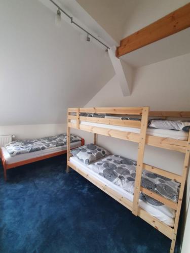 Ce lit se trouve dans un dortoir doté de 2 lits superposés et de moquette bleue. dans l'établissement HOSTEL BBC, à Prague