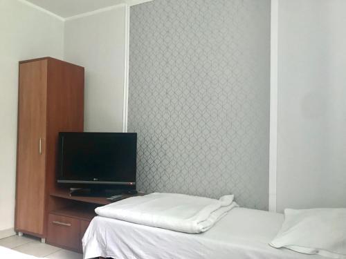 a bedroom with a bed and a tv and a wall at Pokoje gościnne na Miłej in Kochlice