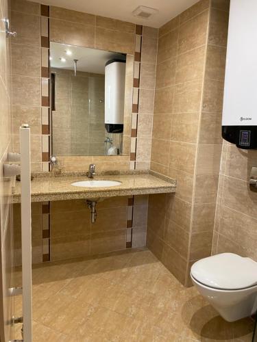 y baño con aseo, lavabo y espejo. en M&R Apartment C13 - SPA Terra Complex en Razlog