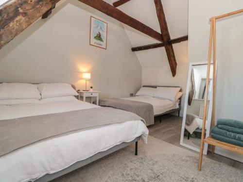 Un dormitorio con dos camas y un espejo. en Ocello, en Dartmouth