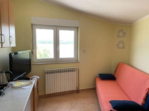 a living room with a couch and a tv at Apartman Luka in Jadrtovac