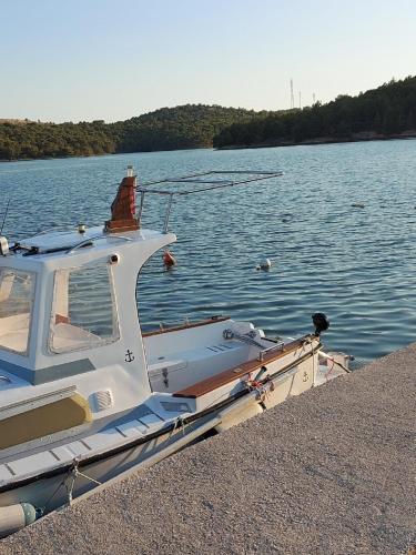 a boat parked on the shore of a body of water at Apartman Luka in Jadrtovac