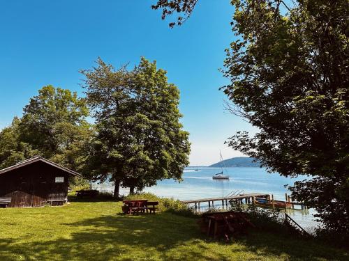 a picnic table and a boat in the water at Lexenhof in Nussdorf am Attersee