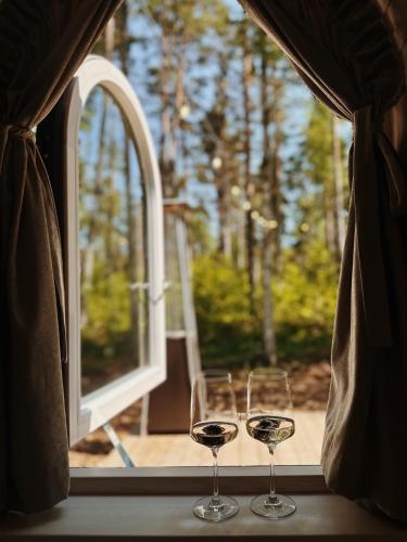 two glasses of wine sitting on a window sill at Pedaspä Igloo House and Sauna in Pedaspea