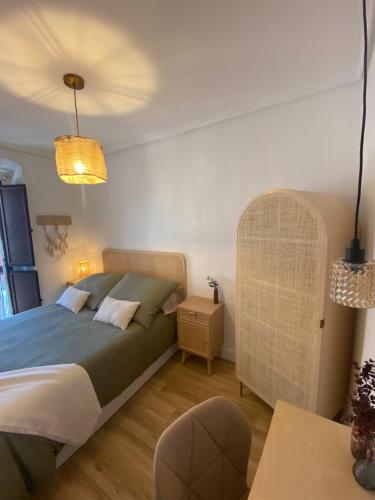 1 dormitorio con 1 cama, 1 silla y 1 mesa en " El Paraguas del Antiguo " Parking privado en Oviedo