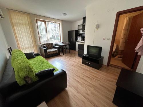 un soggiorno con divano nero e TV di Siana 4 Apartment (15) a Sveti Vlas
