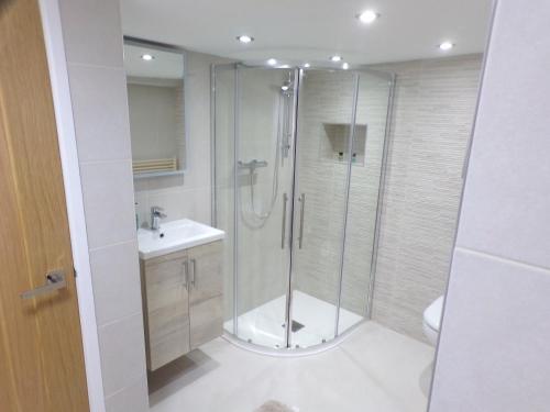 y baño con ducha y lavamanos. en 3TheDome - Luxury Ground Floor Apartment opposite the Beach, Barton on Sea, en Barton-on-Sea