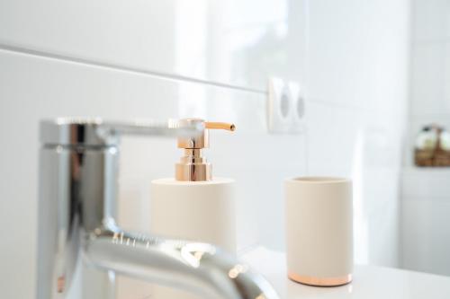 a bathroom sink with a faucet and a cup at Reiterhof Behrens Ferienwohnung Hensen 