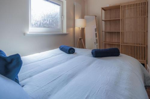 a bedroom with a large bed with blue pillows on it at Croft Court - 1 Bedroom Apartment - Tenby in Tenby