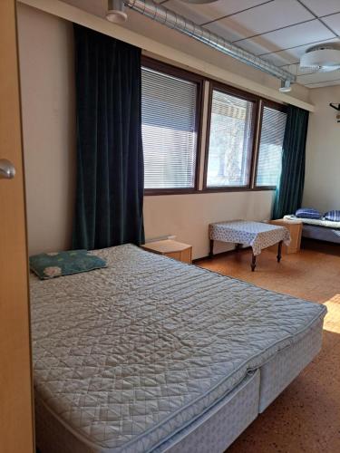 1 dormitorio con 1 cama grande en una habitación con ventanas en Sippolantie 11, en Kouvola