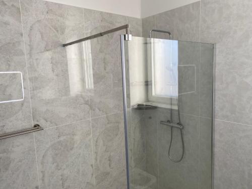 W łazience znajduje się prysznic ze szklanymi drzwiami. w obiekcie Casa Andra w mieście Uisenteş