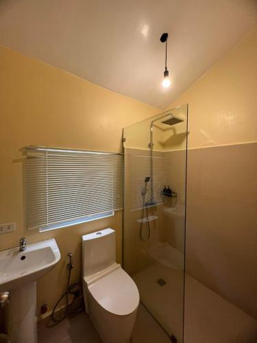 a bathroom with a toilet and a shower and a sink at Boracay Amor Apartment (Garden) in Boracay
