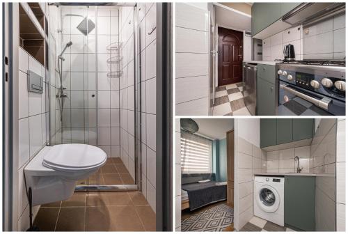 2 Bilder eines Badezimmers mit WC und Waschbecken in der Unterkunft MW Apartamenty - Gdynia Witomino blisko centrum in Gdynia