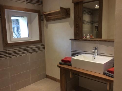 a bathroom with a sink and a mirror at Le Mas des Figuiers in Donzère