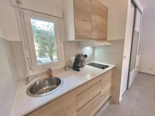 een keuken met een wastafel en een raam bij Appartement Hypercentre Parking Gratuit in Ajaccio