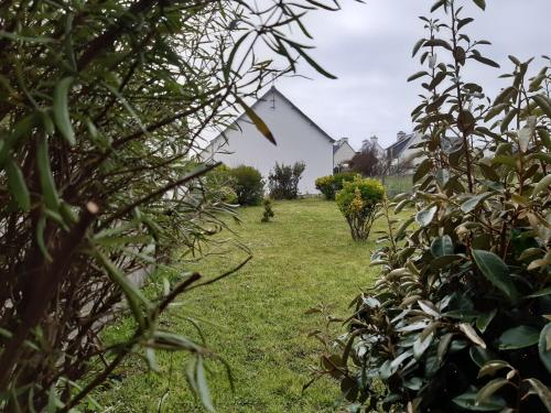 a garden with trees and a house in the background at Maison bord de mer Penmarch in Penmarcʼh