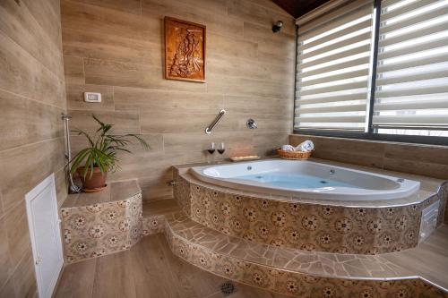 a large tub in a bathroom with a window at Suite Kolibri in Galilee in Semadar