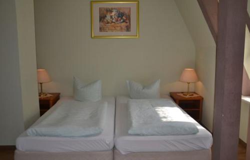 two twin beds in a room with two lamps at Waldhotel Pfarrmühle in Eisenberg