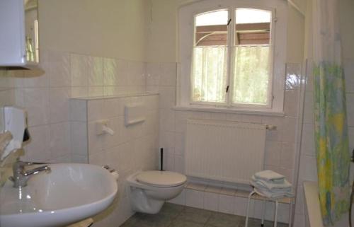 a white bathroom with a toilet and a sink at Waldhotel Pfarrmühle in Eisenberg
